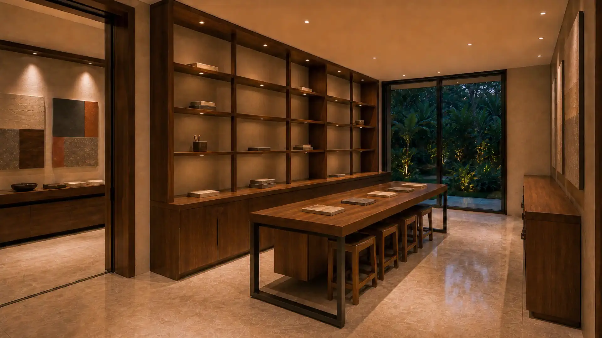 Warm build and test studio with shelves, a workbench, four stools and a clear handoff aisle.