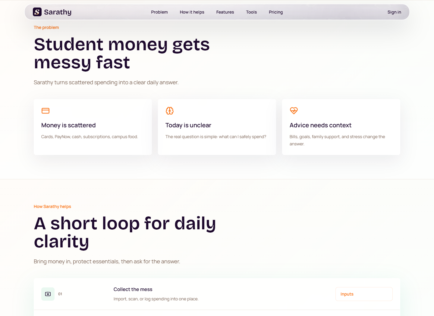 Sarathy student finance product landing page